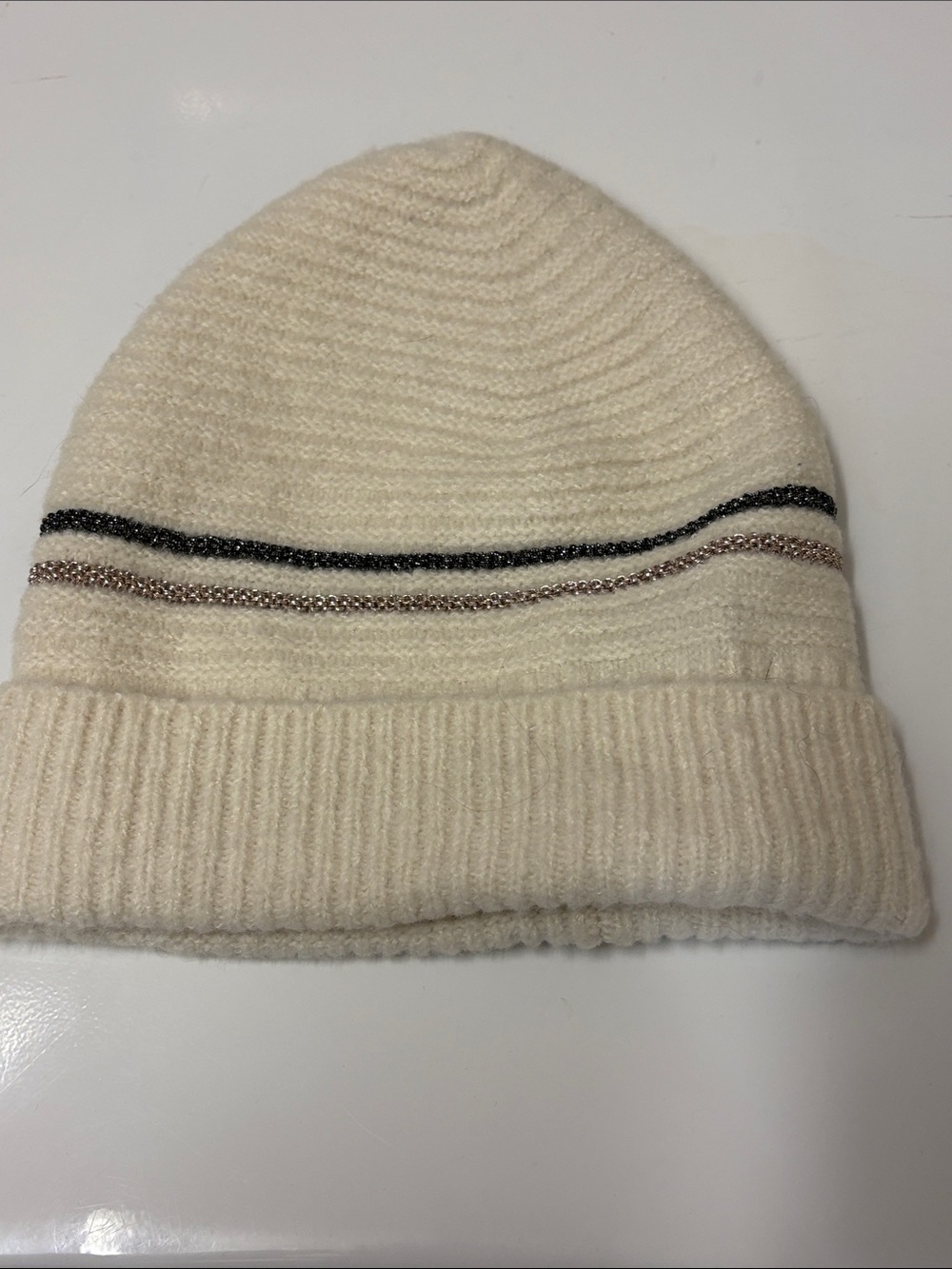 Vince Camuto Cream Ribbed Knit Beanie with Subtle Metallic Stripes- one size